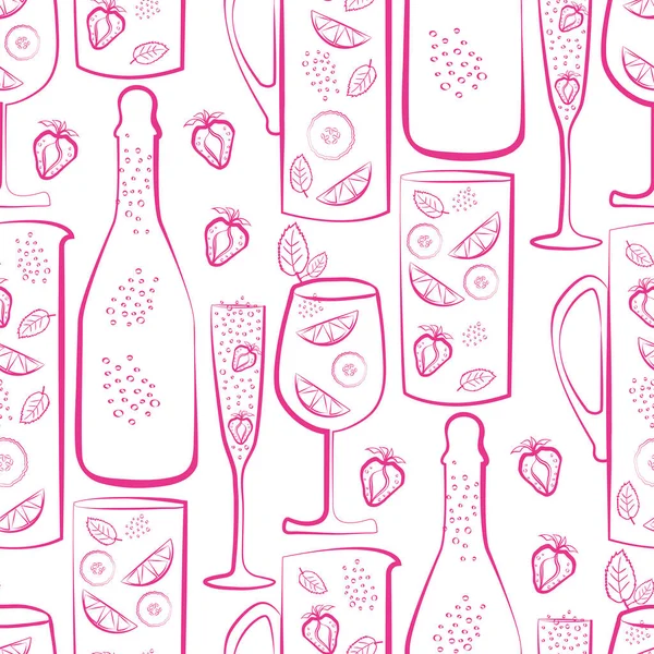 スパークリングワインベクトルシームレスパターン背景。手描きのボトル、眼鏡、イチゴはピンクの白を背景にバラ。エレガントなモノクロイラスト｜パーティーのお祝いのコンセプトのためのすべての印刷. — ストックベクタ
