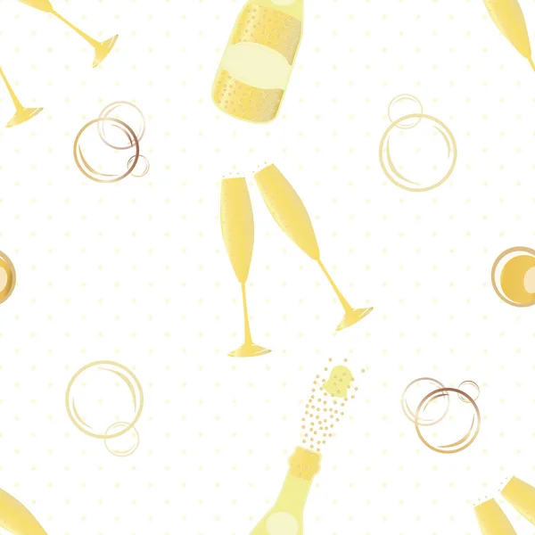 Бульбашки шампанського векторний безшовний візерунок фону. Рука намальована пляшка, окуляри, божевільний напій білий золотий фон. Елегантне ігристе вино повторює ілюстрацію. Весь друк для святкування вечірок — стоковий вектор