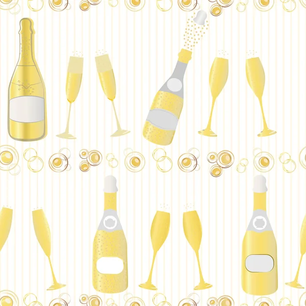 Sektflaschen-Vektor nahtlosen Muster Hintergrund. Handgezeichnete Blasen, Gläser geometrische Weißgold gestreiften Hintergrund. Elegante Schaumweinwiederholung. Überall Print für Party-Feiern — Stockvektor