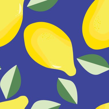 Taze limonata ve vektör desenli arka plan. Sarı turunçgil meyvesi ve parlak mavi arka planda yapraklar. Süslü tropikal ilüstrasyon. Yaz konsepti, yiyecek, sağlık ambalajı için her yerde moda.