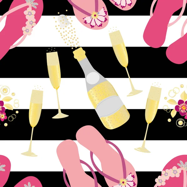 Flip flop παπούτσι και εικόνες σαμπάνια διάνυσμα αδιάλειπτη μοτίβο φόντο. Ροζ χρυσά μπουκάλια, γυαλιά fizzing, σανδάλια σε έντονο μαύρο ριγέ φόντο. Παντού εκτύπωση για την παραλία κοτόπουλο κόμμα γιορτή έννοια — Διανυσματικό Αρχείο