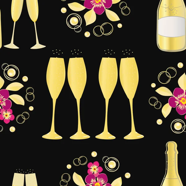Шампанські значки векторний безшовний візерунок фону. Елегантні пляшки, окуляри, божевільні бульбашки та квіти рожевий золотий чорний фон. Ігристе вино ілюстрація. Весь друк для святкування вечірок — стоковий вектор