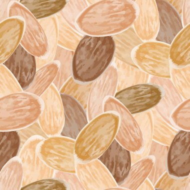 Badem vektörsüz şablon arka planı. Kahverengi arkaplan gölgesinde el fındığı yoğun dokusu. Tohumların çeşitli örnekleri. Yiyecek ve sağlıklı yemek pişirme konsepti için her şey modern.