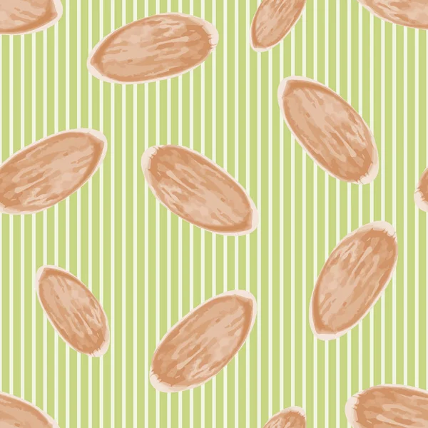 Almendra vector sin costuras patrón de fondo. Nueces dibujadas a mano sobre fondo a rayas blancas verdes. Surtido de diseño de semillas de diferentes formas. Moderno en toda la impresión para alimentos, cocina saludable concepto de nutrición — Archivo Imágenes Vectoriales