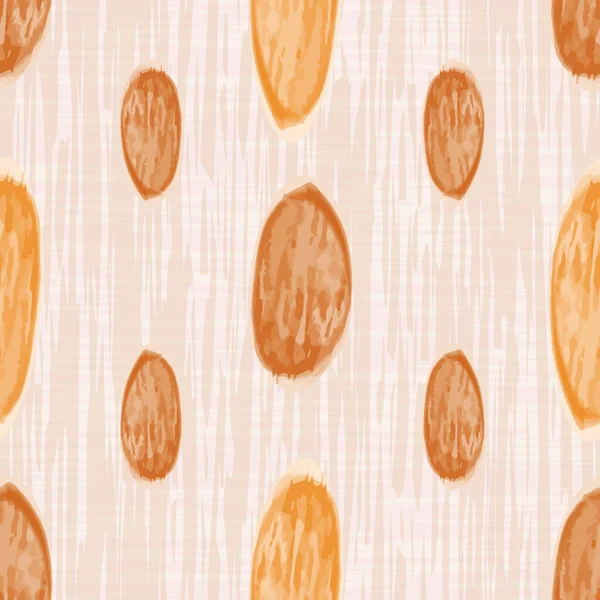 Almendra vector sin costuras patrón de fondo. Tuercas dibujadas a mano sobre fondo amarillo texturizado. Surtido de diseño de semillas de diferentes formas. Moderno en toda la impresión para alimentos, cocina saludable concepto de nutrición — Vector de stock