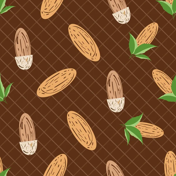 Almendra vector sin costuras patrón de fondo. Surtido de nueces ovaladas marrones con hojas en cuadrícula diagonal color chocolate telón de fondo. Conchas de semillas de grano por todas partes imprimir para alimentos, confitería, concepto de nutrición — Archivo Imágenes Vectoriales