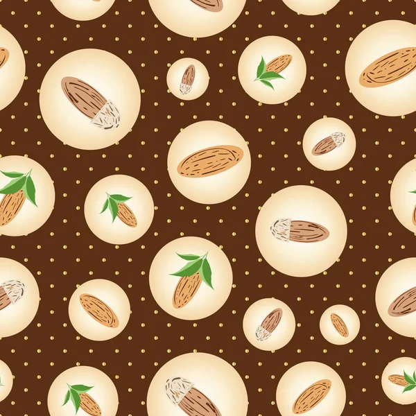 Almendra vector sin costuras patrón de fondo. Círculos surtidos de nueces ovaladas y hojas sobre fondo de color chocolate de lunares dorados. Conchas de semillas de grano por todas partes imprimir para artículos de confitería, nutrición — Archivo Imágenes Vectoriales