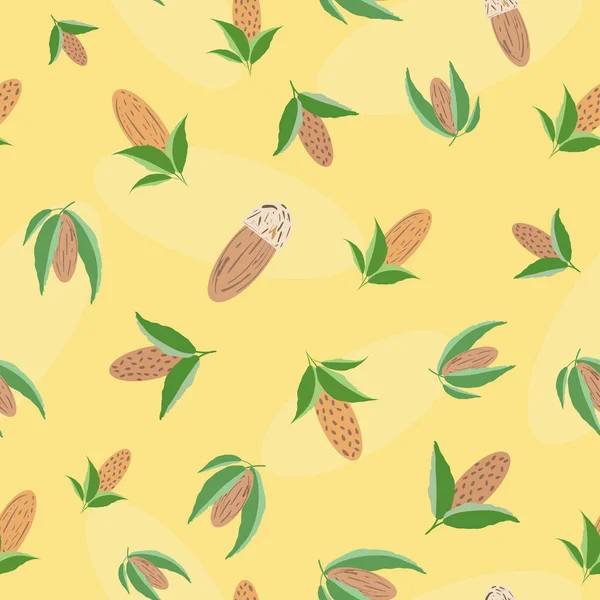 Vektor mandel sömlös mönster bakgrund. Blandade kluster av bruna ovala nötter med blad på gul bakgrund. Kärnfröskal överallt tryck för näring, kost, livsmedel, hälsoförpackningskoncept — Stock vektor