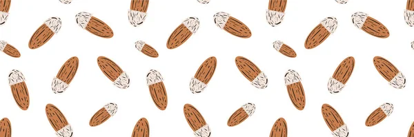 Almendra nuez vector borde sin costuras. Banner de semillas ovaladas simples de color marrón claro sobre fondo blanco. Diseño de conchas de núcleo. Cinta, ribete, ajuste para vegano, nutrición, confitería, leche concepto alternativo — Archivo Imágenes Vectoriales