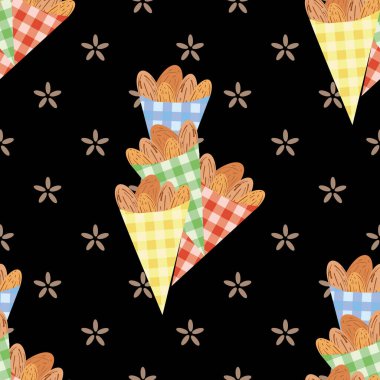 Tatlı pamuklu kağıt torbalarda kavrulmuş badem fıstığı vektörsüz desenli arka plan. Siyah arka planda şekerleme grupları var. Yiyecek ve Noel festivali için her yerde, çiftçi pazarı kavramı