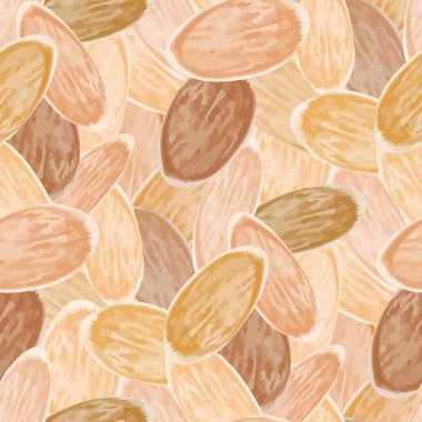 Badem vektörsüz şablon arka planı. Kahverengi arkaplan gölgesinde el fındığı yoğun dokusu. Tohumların çeşitli örnekleri. Yiyecek ve sağlıklı yemek pişirme konsepti için her şey modern.