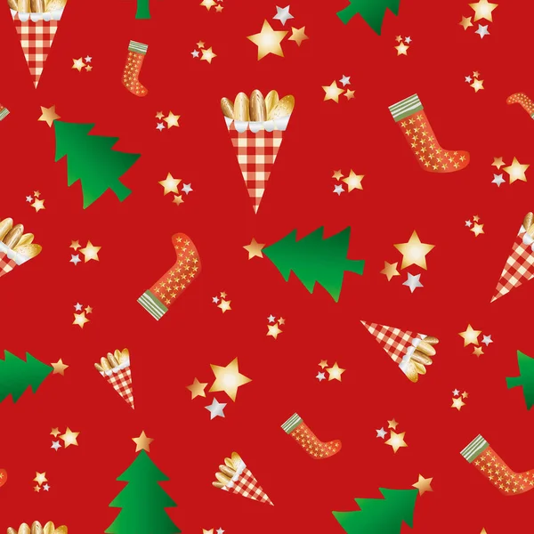 シームレスなパターンの背景に銀紙袋にベクトルローストアーモンドナッツ。黄金の菓子、お祝いの木、赤い背景の星。食品やクリスマスフェア、農民市場のコンセプトのためのデザイン — ストックベクタ