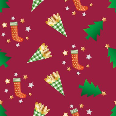 Kavrulmuş badem fıstığı, kağıt poşetlerde vektörsüz desenli arka planda. Altın şekerlemeler, şenlikli çoraplar, yıldızlar ve ağaçlar. Mevsimlik tasarım, kış, Noel festivali