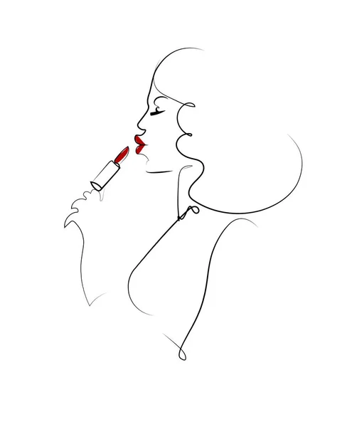 Line Art Beautiful Lady Putting Red Lipstick Fashion Illustration — Stock Vector