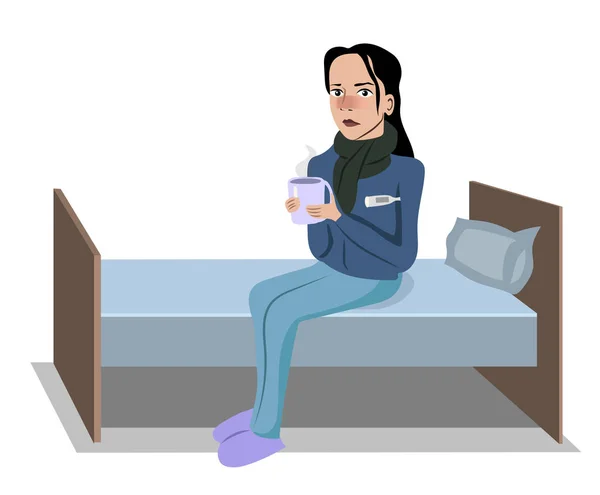 Catch Cold Girl Fell Ill Woman Sitting Bed Thermometer Drinking — Stock vektor