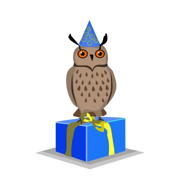 Búho Felicidades Con Cumpleaños Pájaro Con Presente — Vector de stock