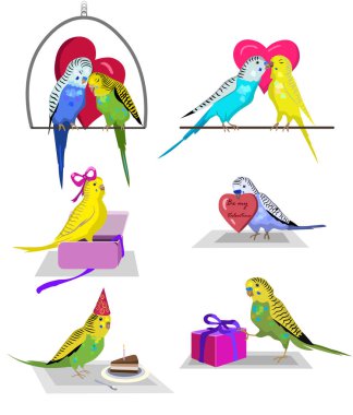 Bir grup renkli muhabbet kuşu. Bayram kuşları, doğum günü, Sevgililer Günü ve Noel.