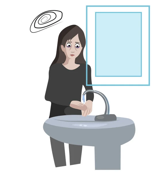 沉迷于强迫症的女孩在洗手 — 图库矢量图片