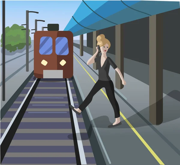 Attenzione Treni Non Oltrepassare Confine Donna Sta Parlando Telefono Non — Vettoriale Stock