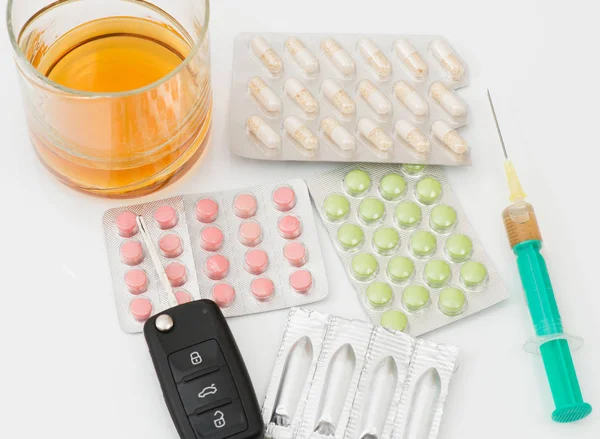 Dependent and Drug addicted - drugs in writing inserted — Stock Photo, Image