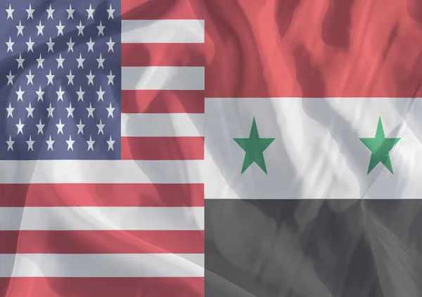 Syria flag and USA Flag on a cloth in close-up