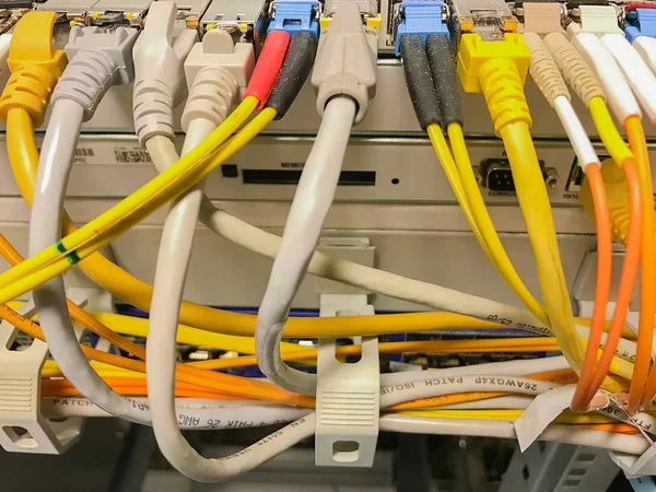 Connexions de commutateur réseau pour câble réseau RJ45 — Photo