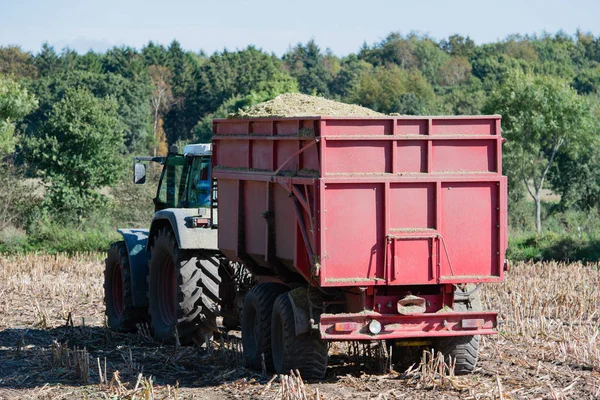 Maïsoogst, maïsfoerageermachine in actie, oogstwagen met trekker — Stockfoto