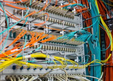 Fiber optik ışık dalga kılavuzu veri merkezi bir switch üzerinde
