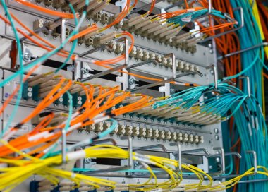 Fiber optik ışık dalga kılavuzu veri merkezi bir switch üzerinde