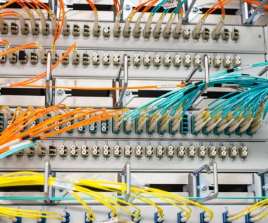 Fiber optik ışık dalga kılavuzu veri merkezi bir switch üzerinde