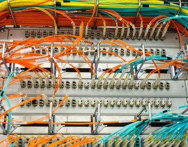 Fiber optik ışık dalga kılavuzu veri merkezi bir switch üzerinde