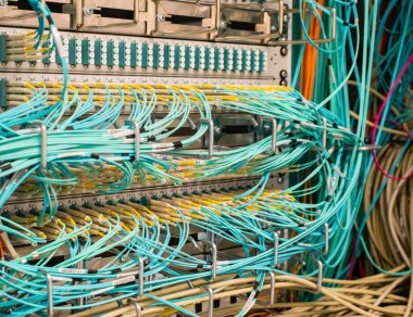 Fiber optik ışık dalga kılavuzu veri merkezi bir switch üzerinde