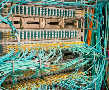 Fiber optik ışık dalga kılavuzu veri merkezi bir switch üzerinde