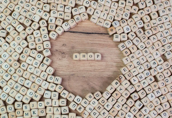 Nome Loja Letras Cubos Dados Tabela — Fotografia de Stock