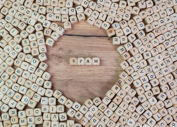 Όνομα Spam Γράμματα Στον Κύβο Ζάρια Στο Τραπέζι — Φωτογραφία Αρχείου