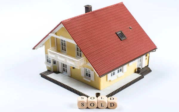 Model House Word Sold Wooden Cube — Stock Photo, Image