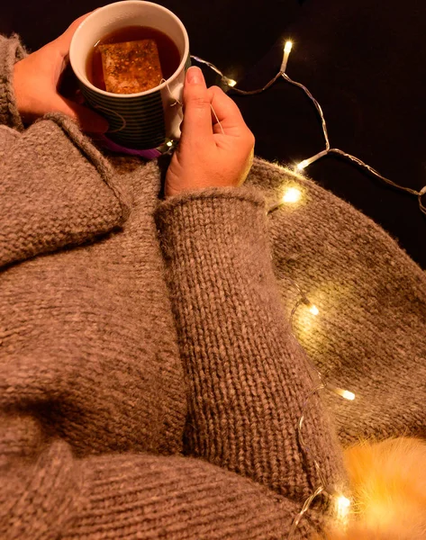 Жінка Відпочиває Чашкою Чаю Холодні Осінні Дні — стокове фото