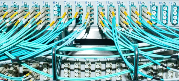 データセンター内のネットワークスイッチおよびネットワークケーブル光ファイバー — ストック写真