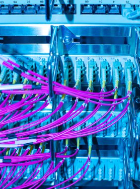 Bir veri merkezinde ağ anahtarı ve kablo fiber optik fiber