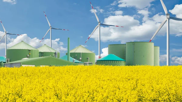 Biogasinstallatie Staat Achter Een Verkrachtingsveld Met Blauwe Lucht — Stockfoto