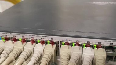 Bir veri merkezinde ağ kablosu RJ45 yama kablosu ve fiber optik kabloya bağlı ağ anahtarı