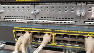 Bir veri merkezinde ağ kablosu RJ45 yama kablosu ve fiber optik kabloya bağlı ağ anahtarı
