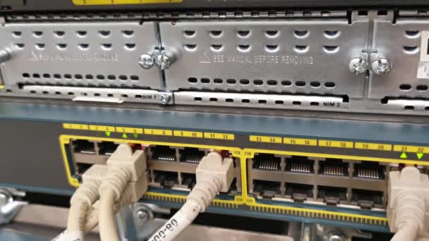 データセンター内のネットワークケーブルRj45パッチケーブルと光ファイバーケーブルに接続されたネットワークスイッチ — ストック動画