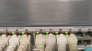 Bir veri merkezinde ağ anahtarı ve ağ kablosu Rj45 yama kablosu