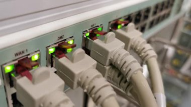 Bir veri merkezinde ağ anahtarı ve ağ kablosu Rj45 yama kablosu