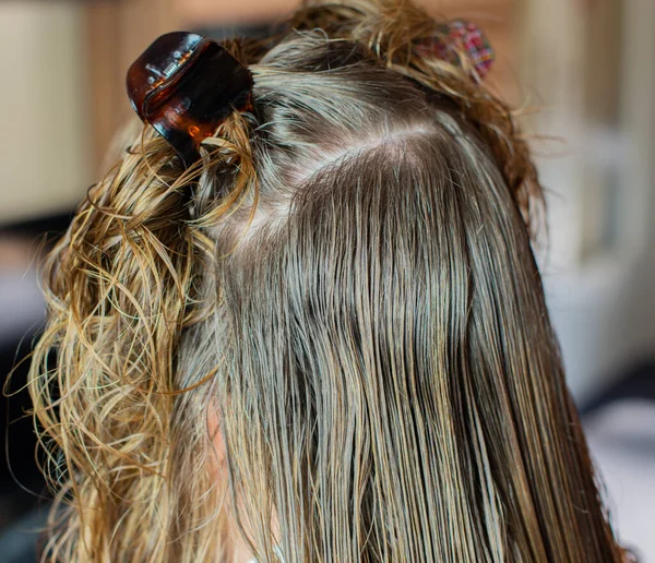 Fryzjer Obcina Długie Włosy Modelki — Zdjęcie stockowe