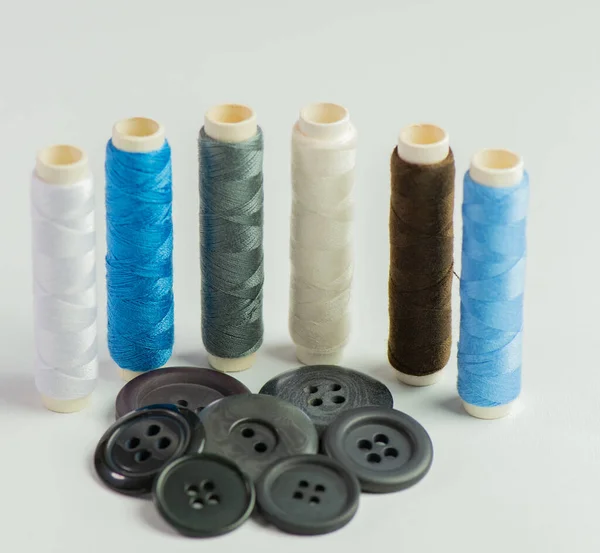 Sewing Thread Rolls Various Colors Tailor Shop White Background — Stock Photo, Image