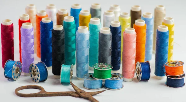 Sewing Thread Rolls Various Colors Tailor Shop White Background — Stock Photo, Image