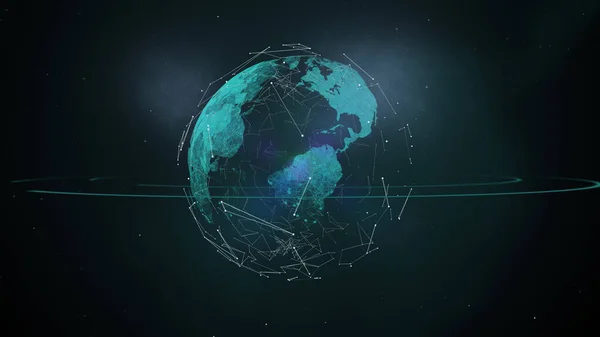 Abstract pontos conectados rede de comunicação sem fio sobre o planeta com anel no fundo do espaço . — Fotografia de Stock
