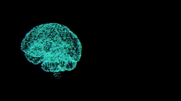 Концепция когнитивной функции. Сияющая голограмма мозга, сформированная из крошечных частиц над темнотой . — стоковое видео
